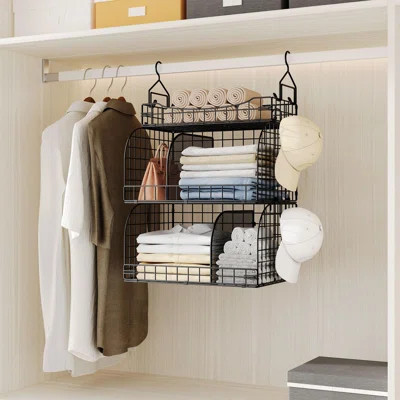 Hanging Closet Organizer Storage - 3 Tier Metal Stackable Hanging Closet Shelves With Dividers And S Hooks, Foldable Clothes Shelves For Clothes, Pant | Wayfair North America