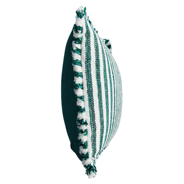 Blue & Green Striped Woven Lumbar Outdoor Throw Pillow with Fringe, 14x20 | At Home