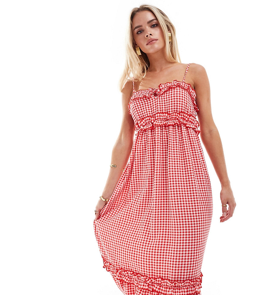 Miss Selfridge Petite cami ruffle trim maxi dress in red gingham | ASOS (Global)