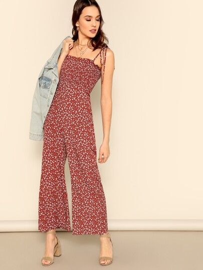 Ditsy Floral Knot Strap Ruffle Trim Smocked Jumpsuit | SHEIN