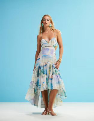 ASOS DESIGN dropped waist maxi dress with high low hem in washed postcard print | ASOS (Global)