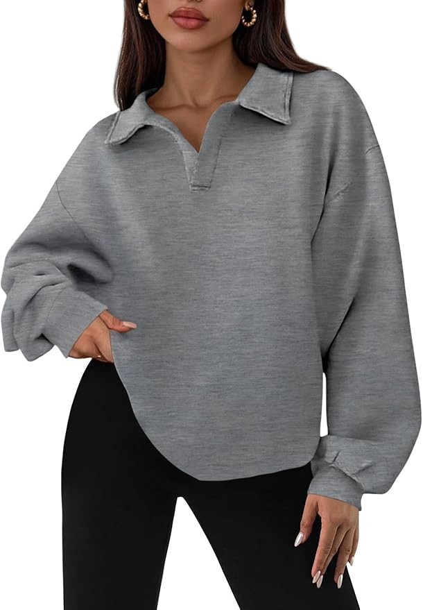PRETTYGARDEN Oversized Sweatshirt for Women Casual Long Sleeve Polo V Neck Shirts Fleece Loose Fi... | Amazon (US)
