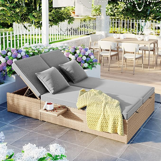 Outdoor Rattan Sunbed,All Weather Patio Wicker Double Daybed with Adjustable Backrest and Cup Tra... | Amazon (US)