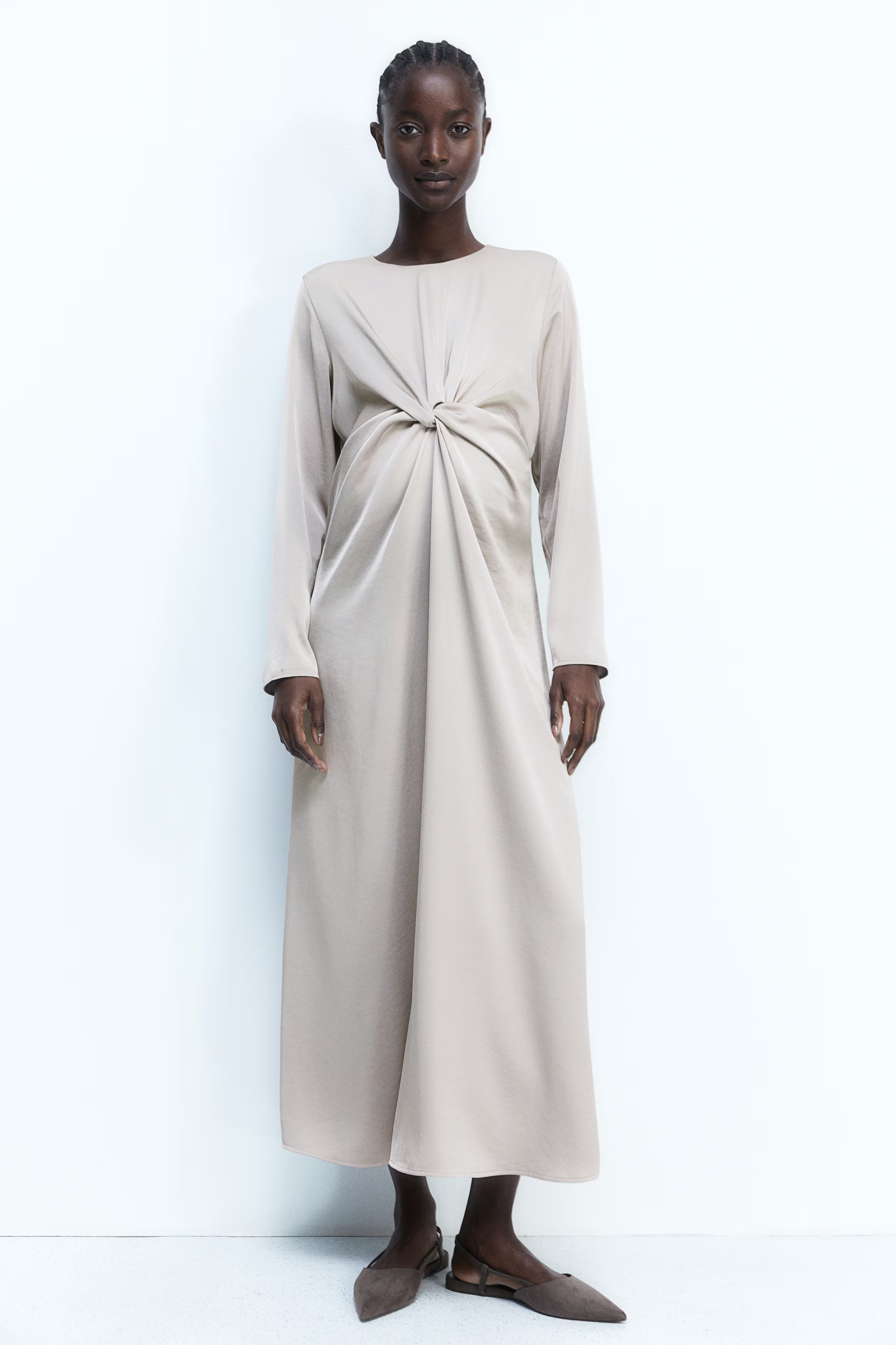 MAMA Draped knot-detail satin dress | H&M (UK, MY, IN, SG, PH, TW, HK)