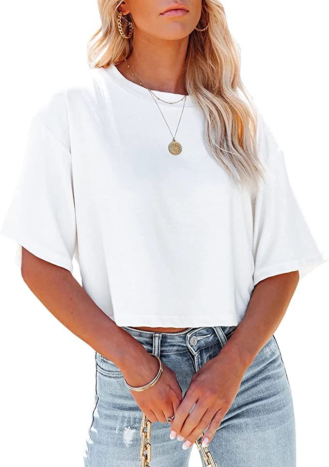 Tankaneo Women Half Sleeve Cropped T Shirt Drop Shoulder Round Neck Crop Tops Casual Summer Solid... | Amazon (US)