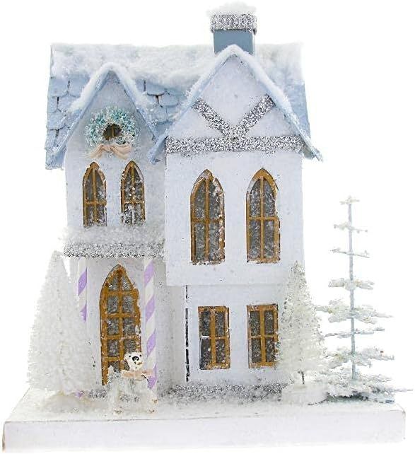 White and Blue 11" Christmas Village Mill House with Dog | Amazon (US)