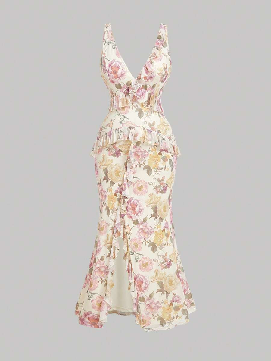 SHEIN MOD Vintage Floral V-Neck Ruffle Trim Bodycon Slit Long Dress, Plus Size,Summer Outfits For... | SHEIN