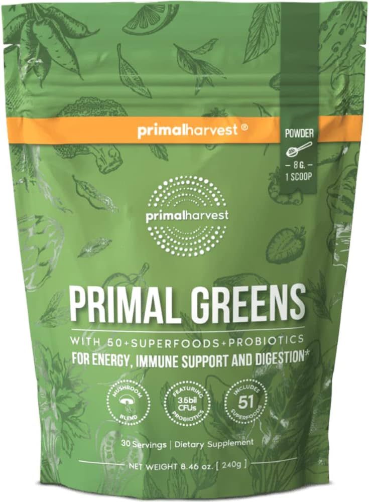Primal Harvest Super Greens Powder, 30 Servings w/+50 Greens Superfood Chlorella, Probiotics, Gre... | Amazon (US)