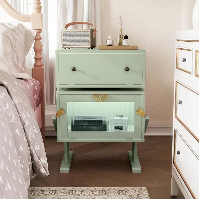 Heynemo Nightstand with LED Light Strips, 360 Degree Rotating Drawer, Glass Door Storage, Wood Night Stand Cabinet for Living Room, Bedroom, Green | Target