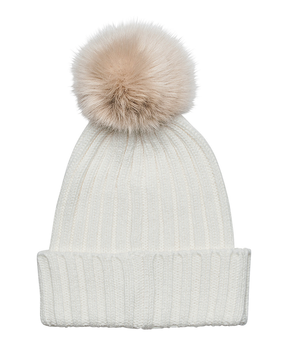 San Diego Hat Company Women's Beanies IVORY - Ivory Faux Fur Pom-Pom Beanie | Zulily