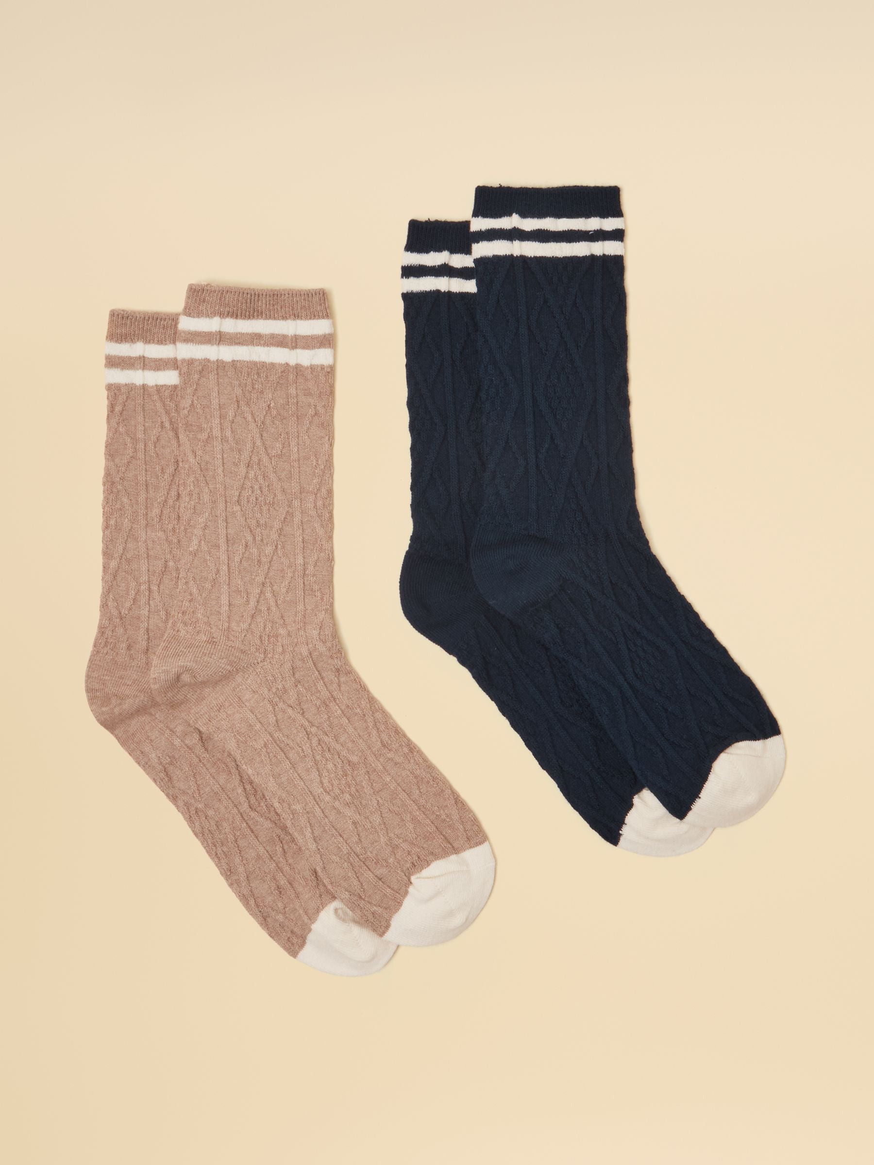 Joules Women's Cable Knit Oat & Navy Tennis Socks 2-Pack (size 4-8) | Joules