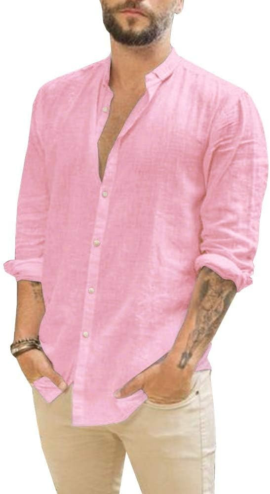 Makkrom Men Linen Shirt Button Down Long Sleeve Cotton Beach Band Collar Casual Summer Shirts | Amazon (US)