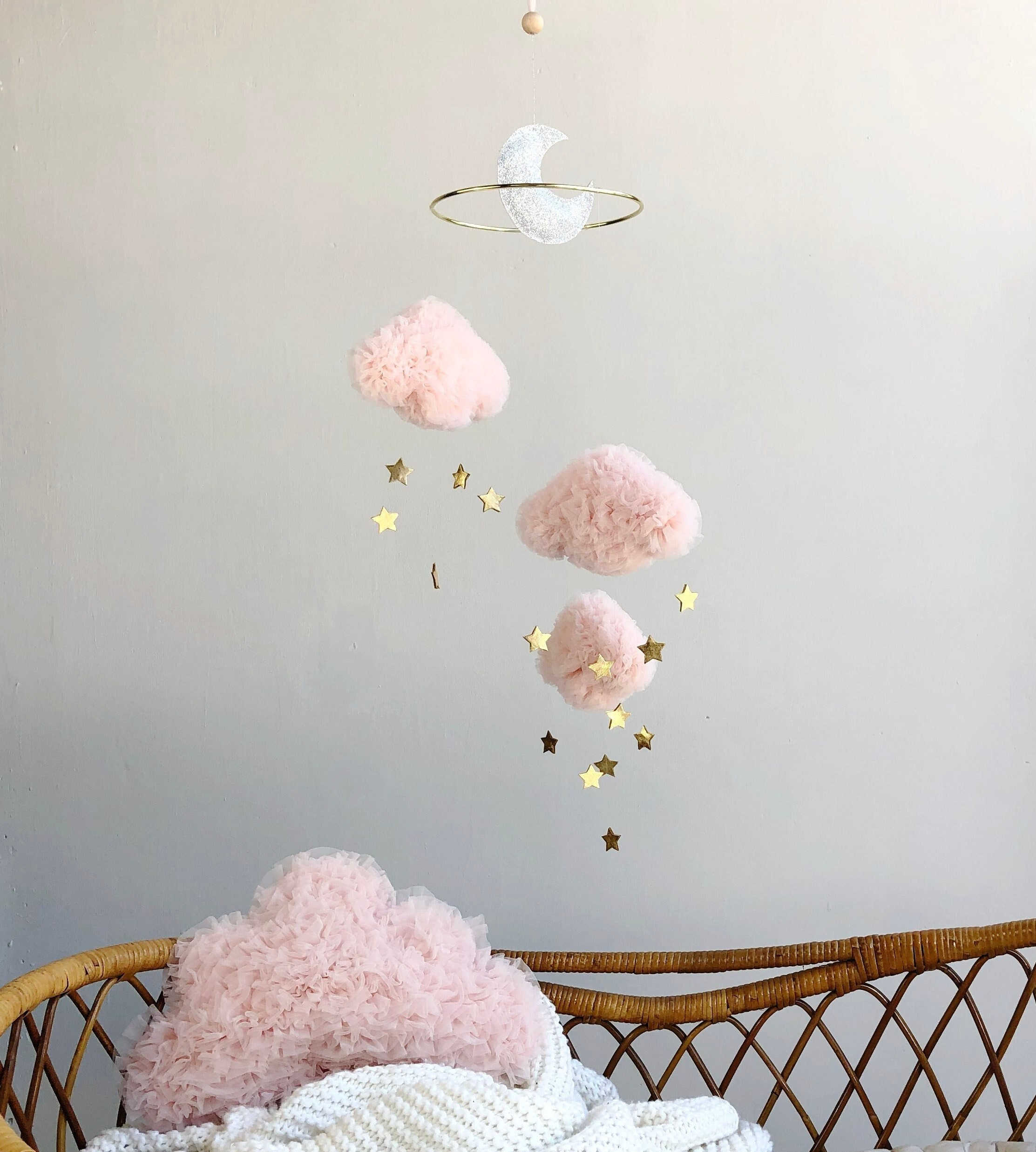 Blush Pink Baby Girl Cloud Mobile With Gold Stars for Nursery - Etsy | Etsy (US)