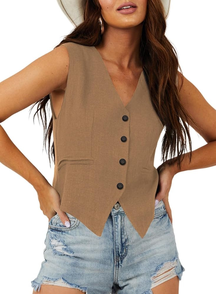 Dokotoo Womens Vest Dressy Casual V-Neck Button-Down Lined Suit Jacket Waistcoat Versatile Vests | Amazon (US)