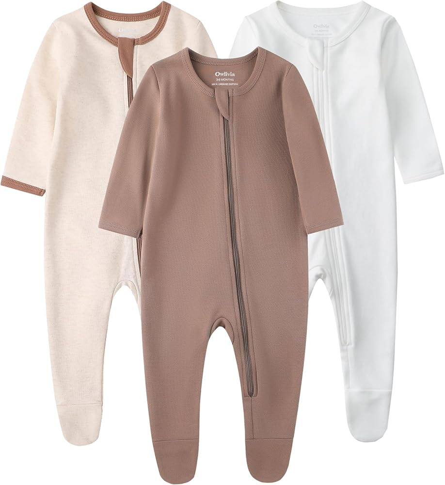 Owlivia Organic Cotton Baby Pajamas, Boys Girls 3-Pack Zip Front Sleep 'N Play, Footed Sleeper, L... | Amazon (US)