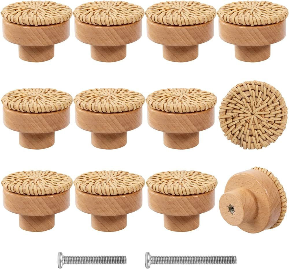 ANPHSIN 12 Pack Boho Rattan Dresser Knobs- Durable Beech Wood Drawer Knobs Handmade Wicker Woven Pul | Amazon (US)