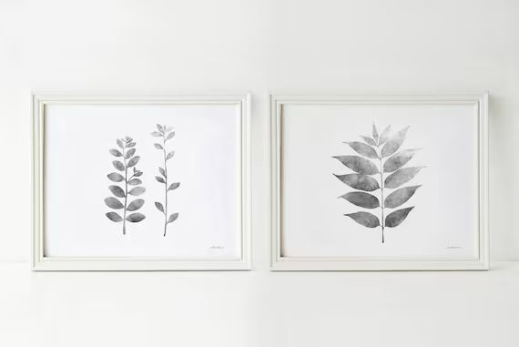 Set of 2 Grey leaves prints, 8x10 Black and white Botanical prints, Grey wall prints, Printable N... | Etsy (US)