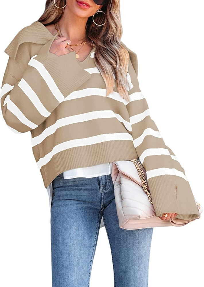 Dokotoo Women's Sweater Navy Collar Striped Long Sleeve Polo V Neck Knitted Pullover 2023 Casual ... | Amazon (US)