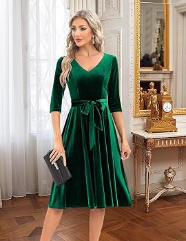Bbonlinedress Women Long Sleeve Velvet Vintage Tea Dress Formal Cocktail Wedding Guest Midi Prom ... | Amazon (US)