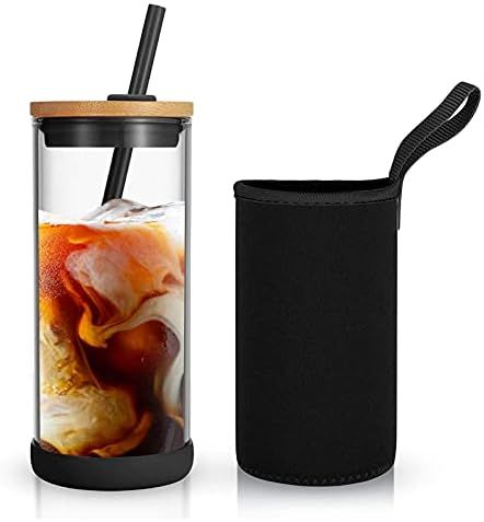 Tronco Iced Coffee Cup Glass Tumbler with Straw and Bamboo Lid|Wide Mouth Reusable Smoothie Cup w... | Amazon (US)
