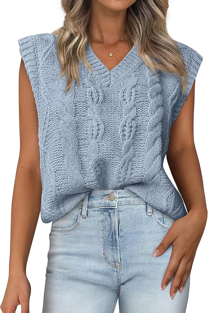 BTFBM Womens Oversized Sweater Vest 2025 Summer V Neck Casual Sleeveless Sweaters Loose Cable Kni... | Amazon (US)