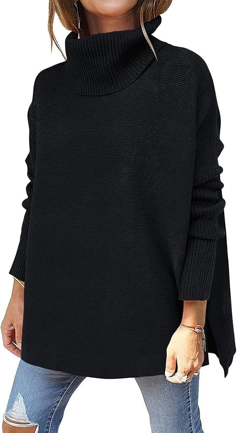 ANRABESS Women's Oversized Turtleneck Batwing Sleeve Spilt Casual Loose Knit Tunic Pullover Sweat... | Amazon (US)
