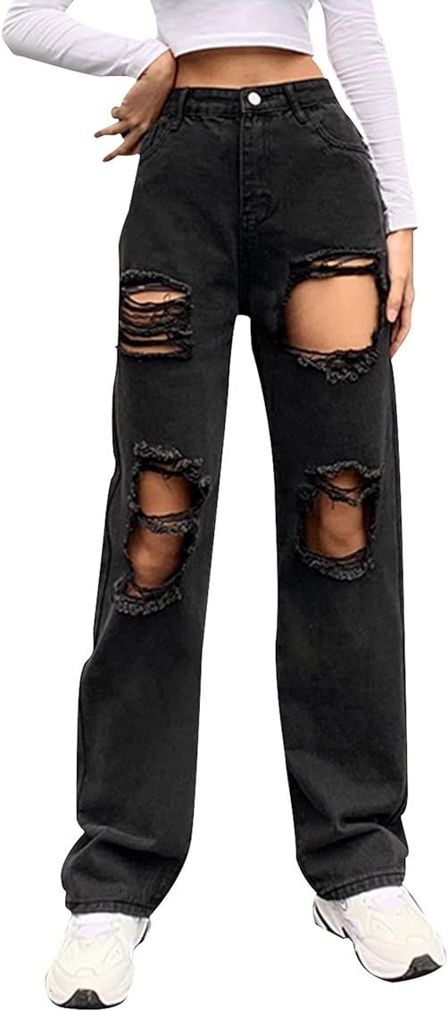 Genleck Women Loose Ripped Boyfriends Jeans High Waist Baggy Denim Pants Distressed Wide Leg Jeans Y | Amazon (US)