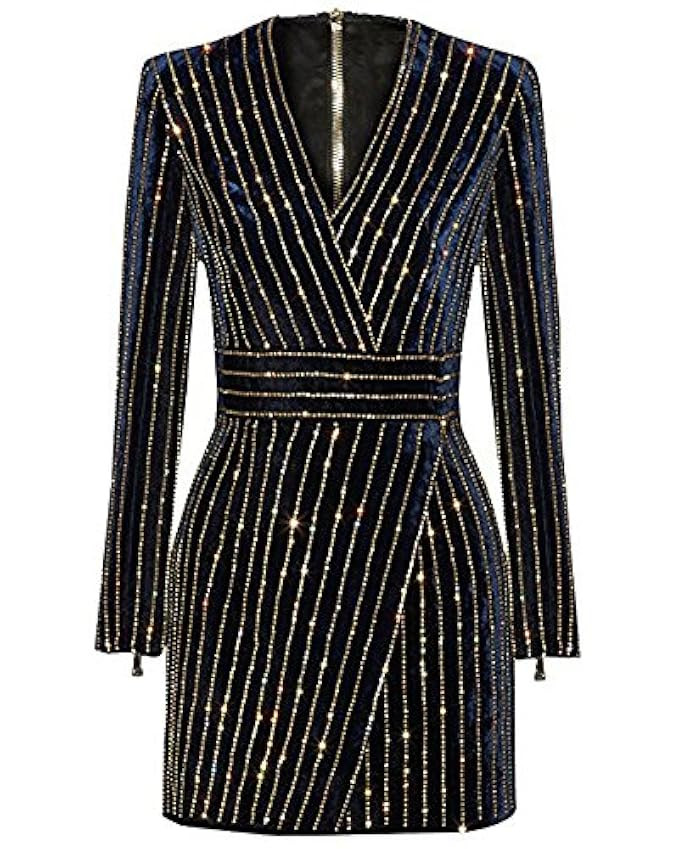 UONBOX Women's Rhinestone Embellished Long Sleeves V Neck Velvet Bandage Cocktail Dress | Amazon (US)
