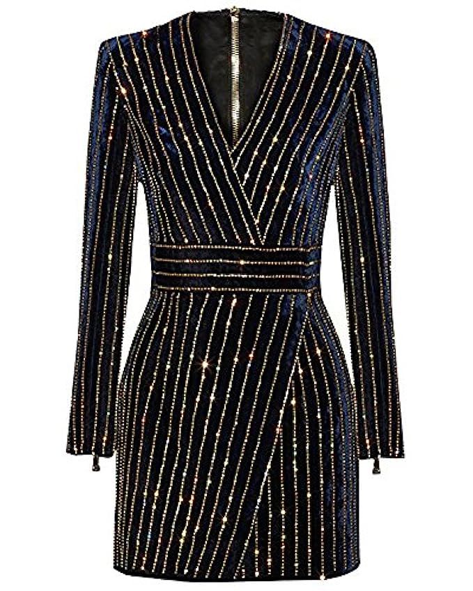 UONBOX Women's Rhinestone Embellished Long Sleeves V Neck Velvet Bandage Cocktail Dress | Amazon (US)