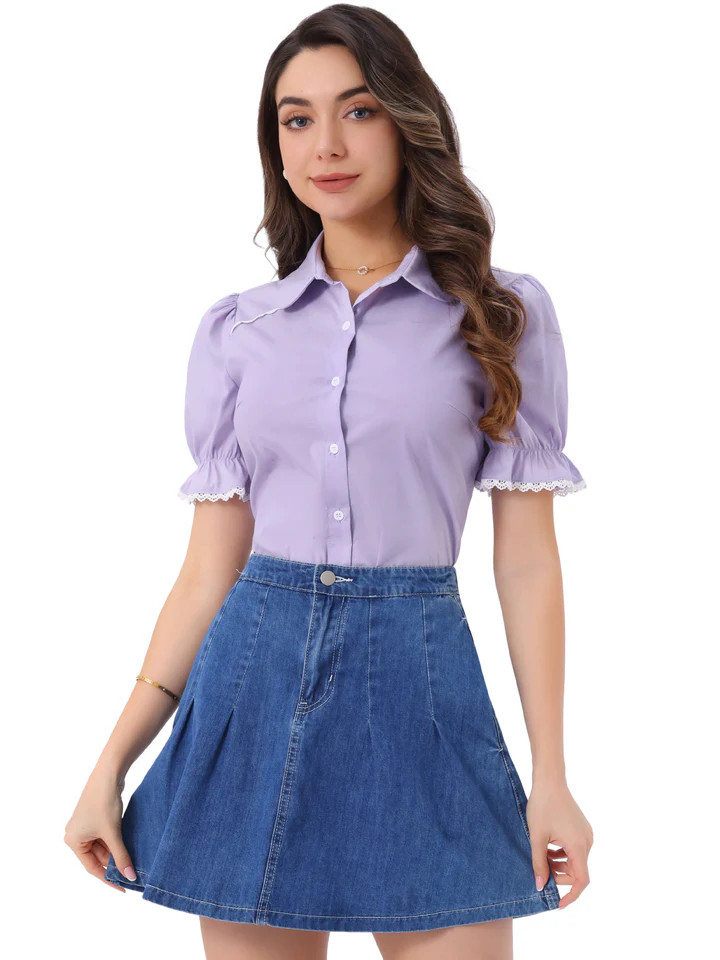 Vintage Peter Pan Collar Blouse Short Sleeve Button Down Shirt | allegra-k