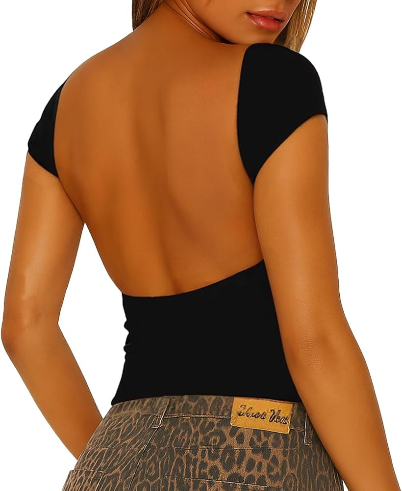 ForeFair Women Sexy Backless Short Sleeve Slim Fit Crewneck Summer Casual Y2K Crop Tee | Amazon (US)