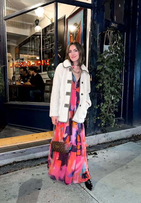 Love this maxi dress! // maxi // fall outfits // Sherpa coat // Sherpa jacket // shacket // patent // booties // jacket runs oversized, I went down 1 size

#LTKSeasonal #LTKstyletip