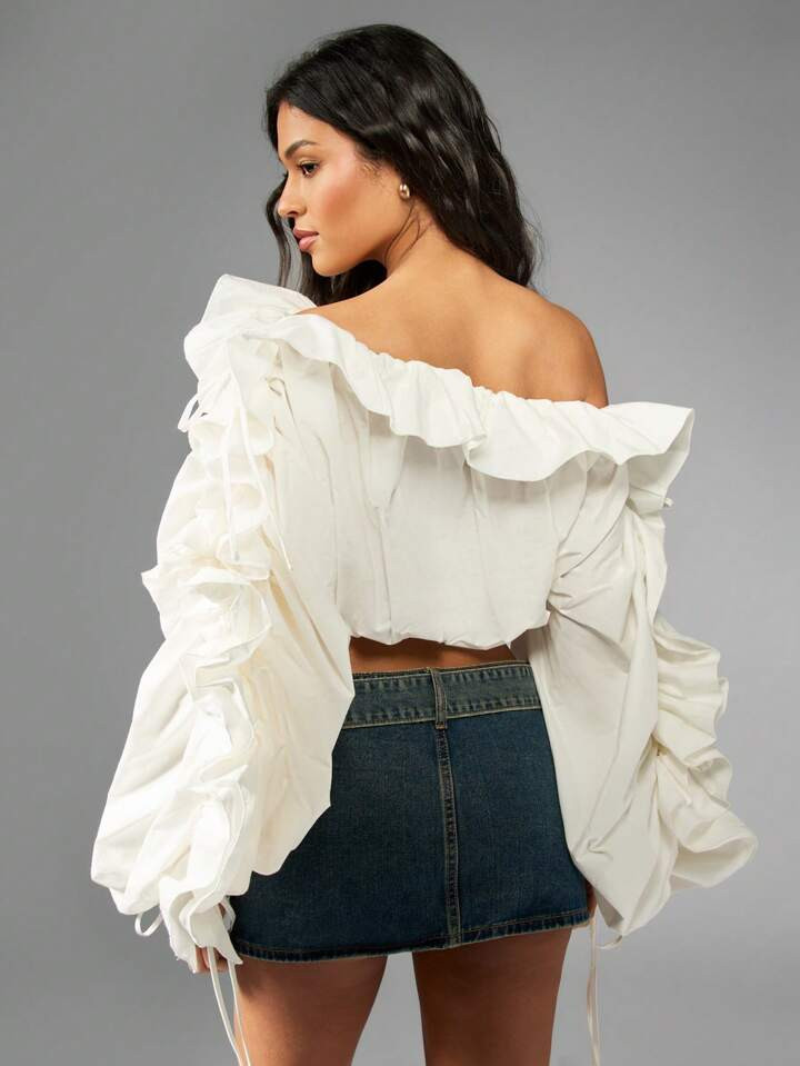 MISSGUIDED Off Shoulder Blouse Puffy Long Sleeve Ruffle Crop Top Fashion Statement Piece Evening ... | SHEIN