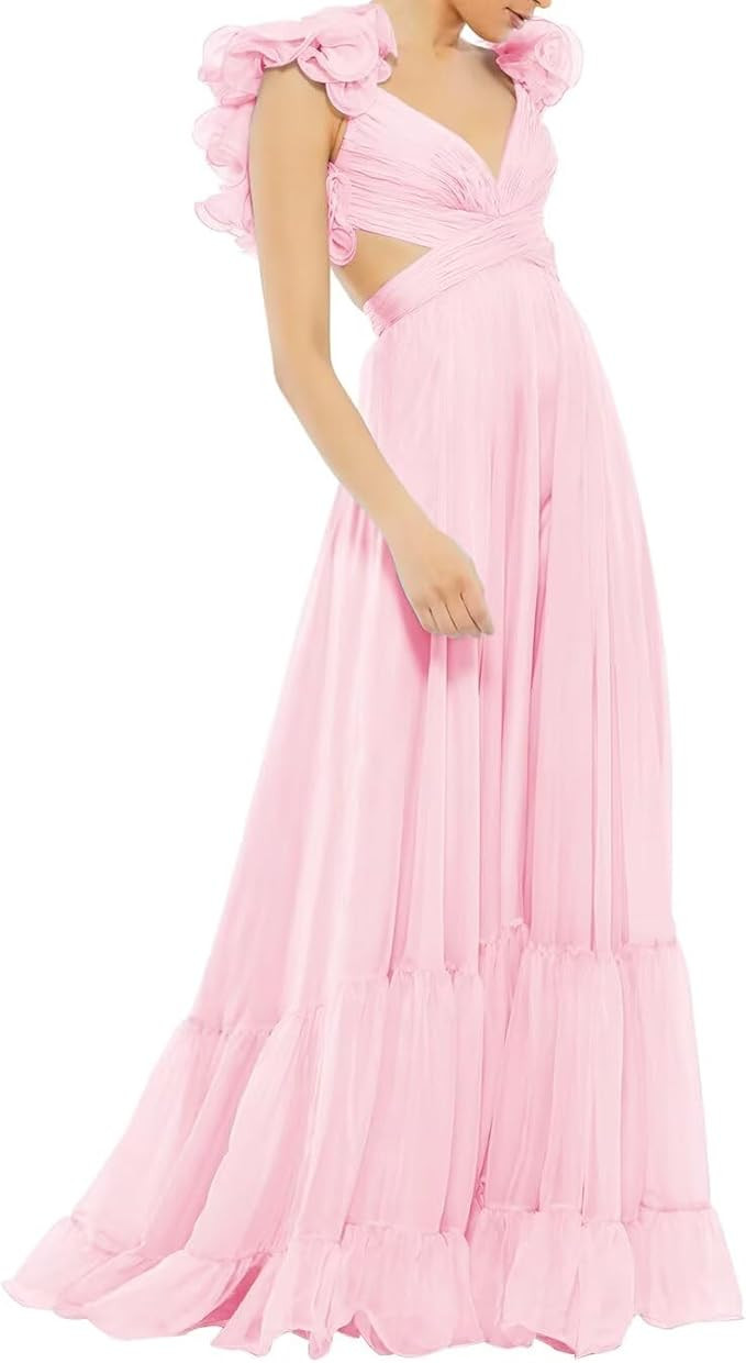 Lawrncedw Chiffon Ruffle Prom Dresses for Women V Neck Long Bridesmaid Dresses Backless Formal Ev... | Amazon (US)