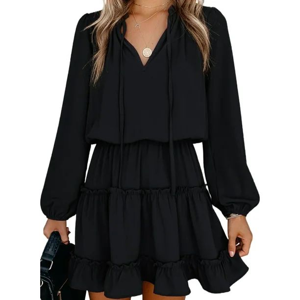 Dearlove Womens V Neck Ruffled Layered Chiffon Dress Self Tie Swing Mini Dresses Black M | Walmart (US)
