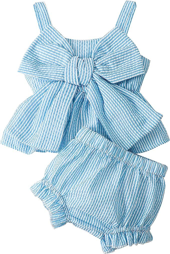 LYSINK Newborn Baby Girl Clothes Stripe Sleeveless Bowknot Tank Top Shorts Set Summer Outfits Cut... | Amazon (US)
