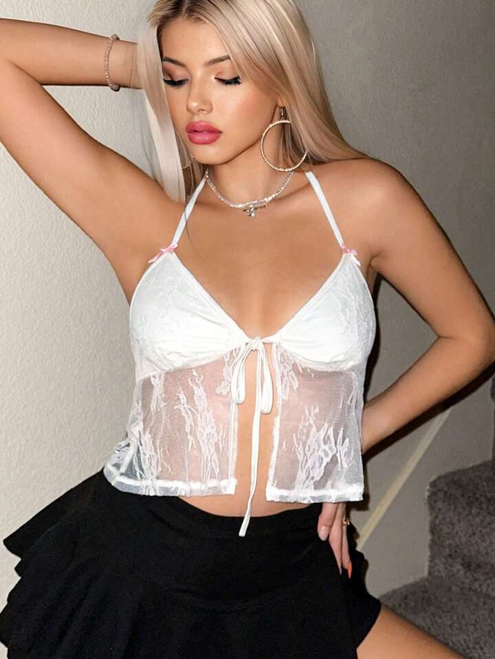 SHEIN ICON Tie Front Lace Halter Top | SHEIN