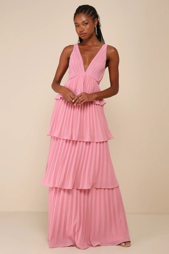 Pink Pleated Backless Tiered Maxi Dress | Wedding Guest Dress Summer  | Lulus