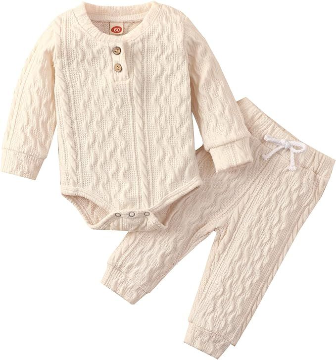 Newborn Baby Boy Girl Clothes Ribbed Knitted Cotton Long Sleeve Romper Long Pants Solid Color Fal... | Amazon (US)