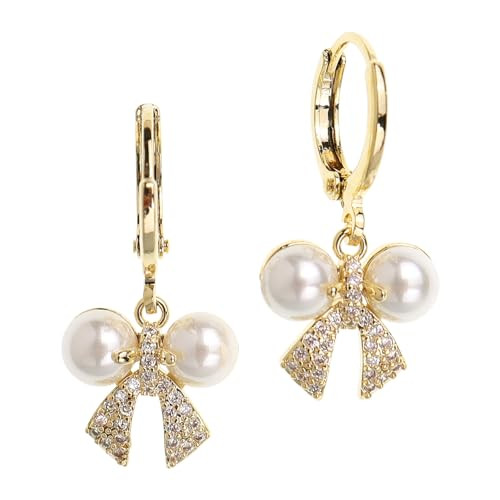 JeanBeau CZ Bow Pearl Dangle Drop Small Gold Hoop Earrings for Women Teen Cute Sparkly White Pearls Crystal Cubic Zirconia Rhinestone Dangling Winter Christmas Holiday Accessories Jewelry Gift | Amazon (US)