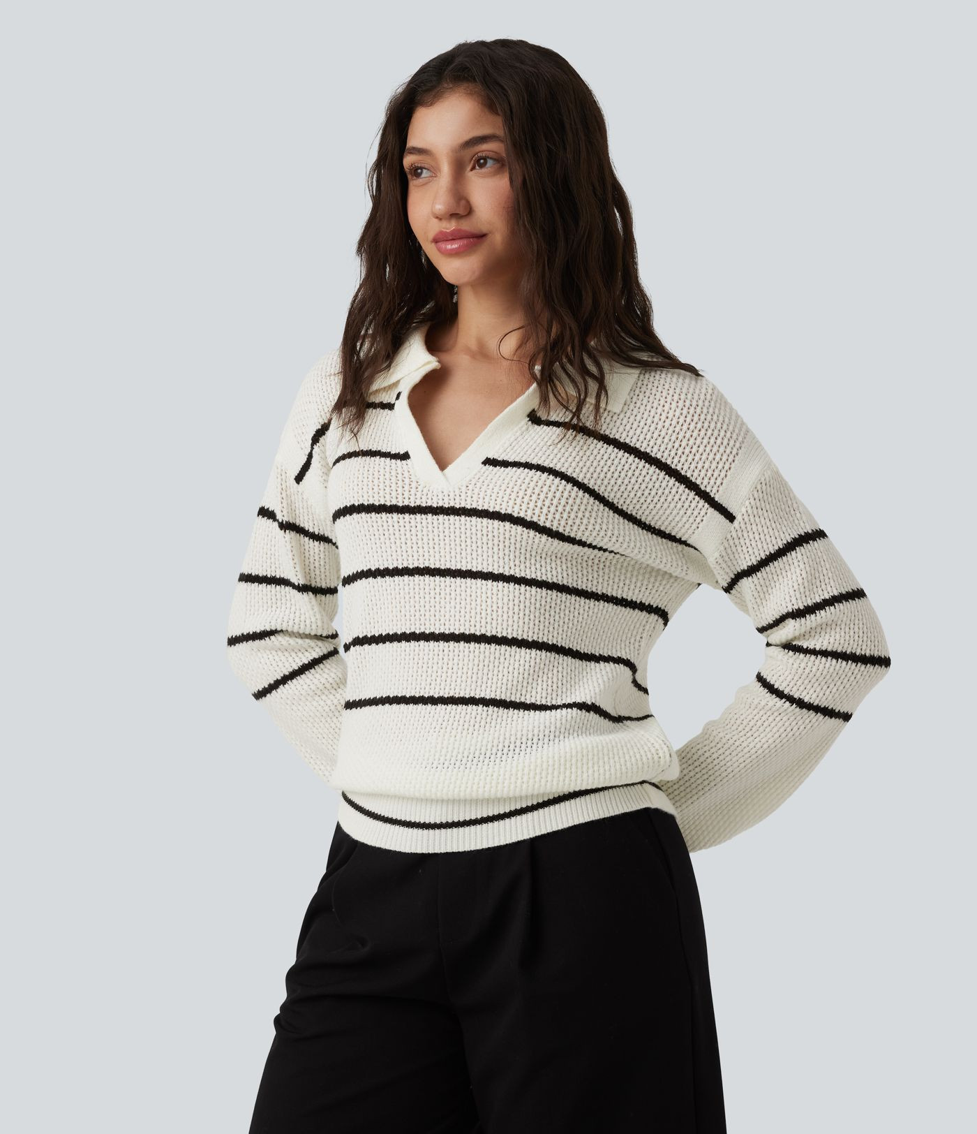 Women\u2019s V-neck Long Sleeve Stripes Casual Sweater - Halara | HALARA