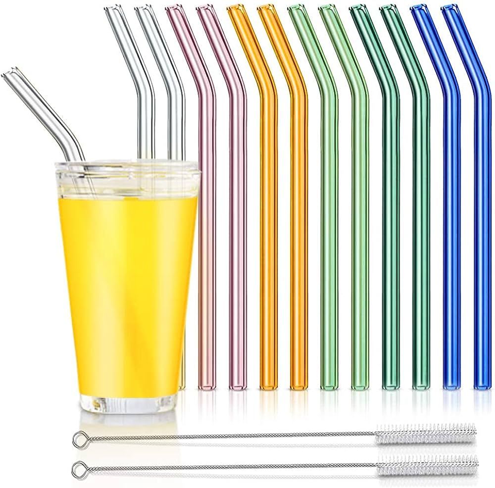 Reusable Glass Straws, Reusable Bent Glass Drinking Straws with 2 Cleaning Brushes, Reusable Stra... | Amazon (US)
