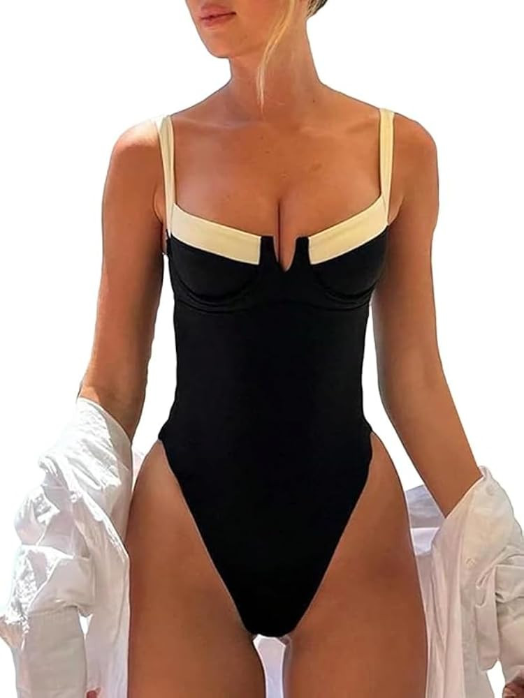 MOLERFO Women's One Piece Swimsuit Tummy Control Sleeveless V Neck Black and White Push Up Bathin... | Amazon (US)