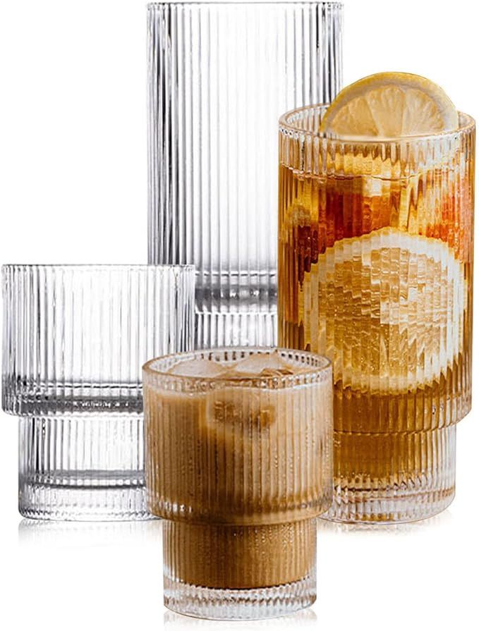 Ripple Glassware Glass Cups Set of 4 (11oz,6oz of 2 each), Vintage Stackable Fluted Origami Style... | Amazon (US)