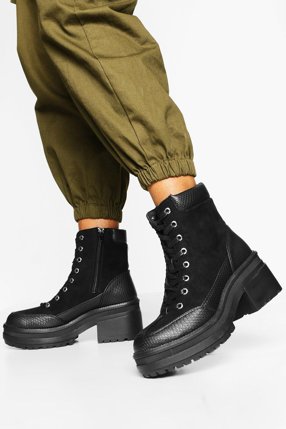 Womens Croc Panel Block Heel Combat Boots - Black - 7 | Boohoo.com (US & CA)