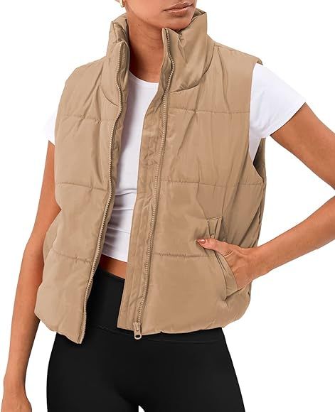 AUTOMET Puffer Vest Women Sleeveless Winter Cropped Outerwear Warm Puffer Lightweight Stand-up Collar Down with Pockets | Amazon (US)