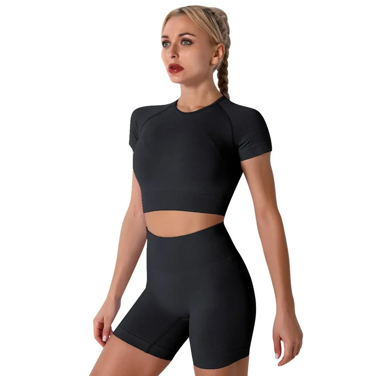 IBTOM CASTLE Women Workout Sets Yoga Outfits, Short Sleeve Crop Top + High Waisted Running Short ... | Walmart (US)