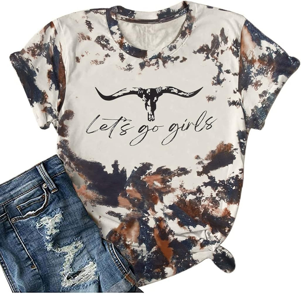 Let's Go Girl Shirt Women Western Bleached T-Shirt Retro Country Music Tee Shirt Cowgirls Shirts ... | Amazon (US)