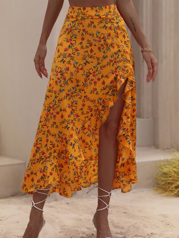 SHEIN VCAY Ditsy Floral Print Ruffle Trim Asymmetrical Hem Skirt | SHEIN