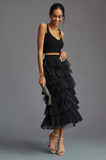By Anthropologie Ruffled Tulle Midi Skirt | Anthropologie (US)
